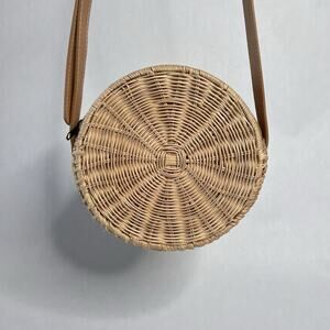 Round Rattan Shoulder Purse • Satin Lined • Zipper Closure • Adjustable Strap